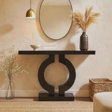 Load image into Gallery viewer, Modern Black Wooden Console Table with Bold Circular Base Contemporary