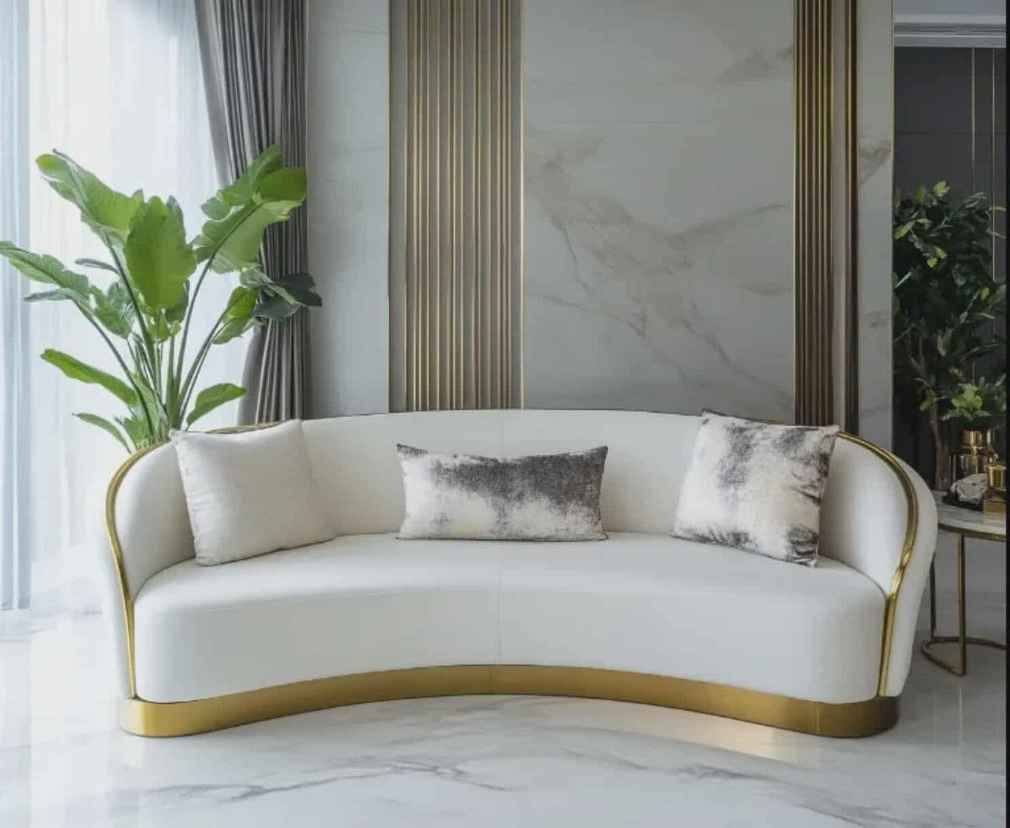 Modern 3 Seater White Gold Sofa Couch Minimalist Leather or Linen Customize Living Room