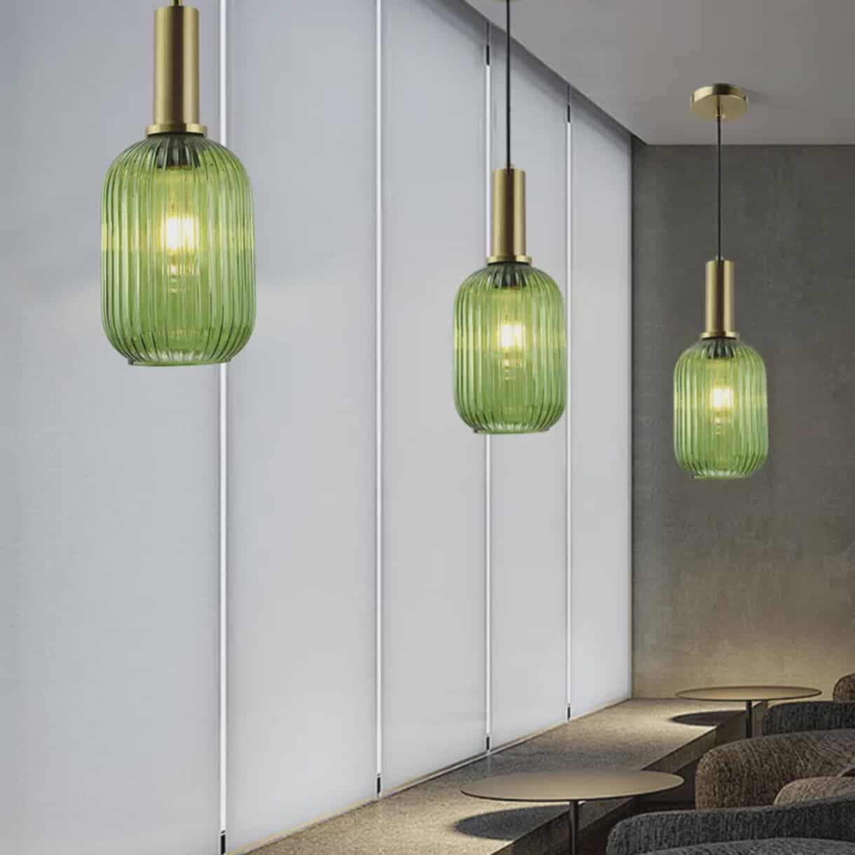 Modern Ribbed Green Glass Pendant Light