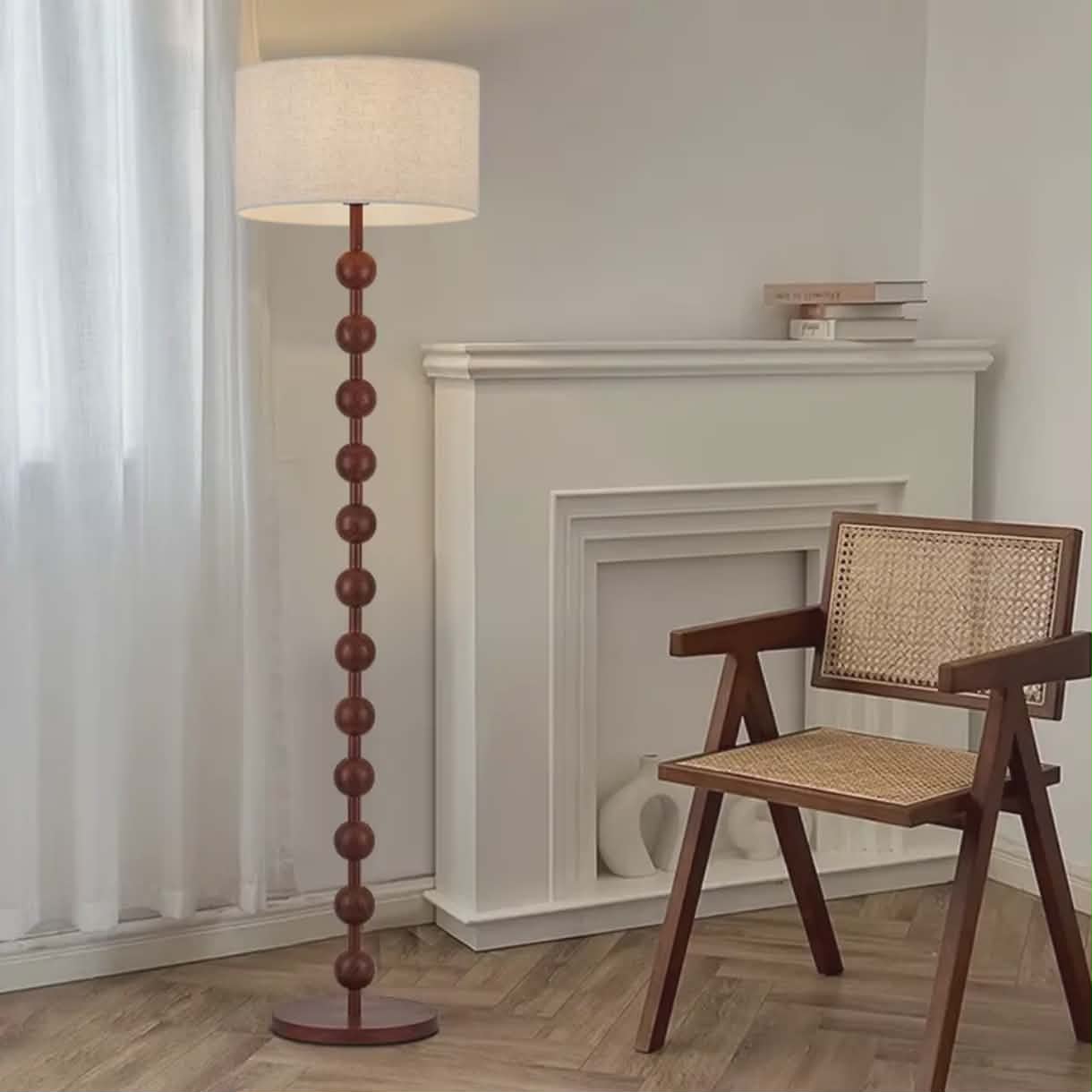 Nordic Vintage Wooden Bead Floor Lamp with Fabric Shade