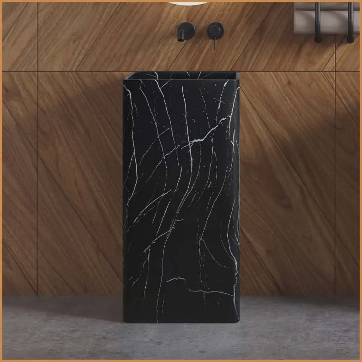 Black Natural Travertine Stone Pedestal Basin | Square Integrated Cuboid Bathroom Sink