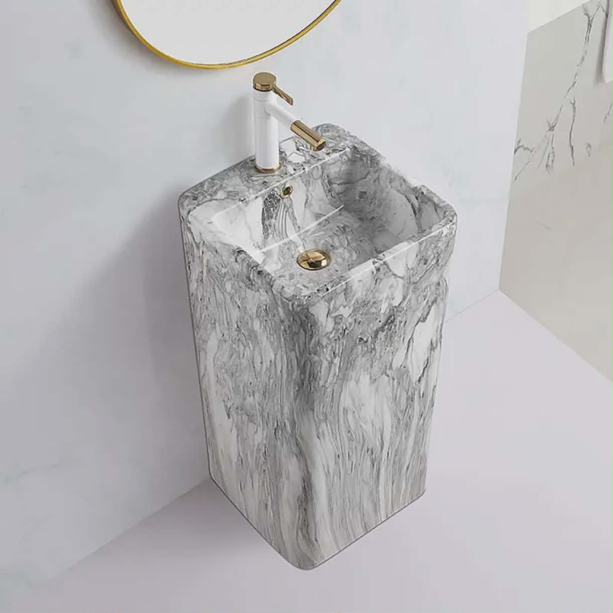 White Modern Freestanding Marble Style Pedestal Basin | Luxury Stone Bathroom Sink