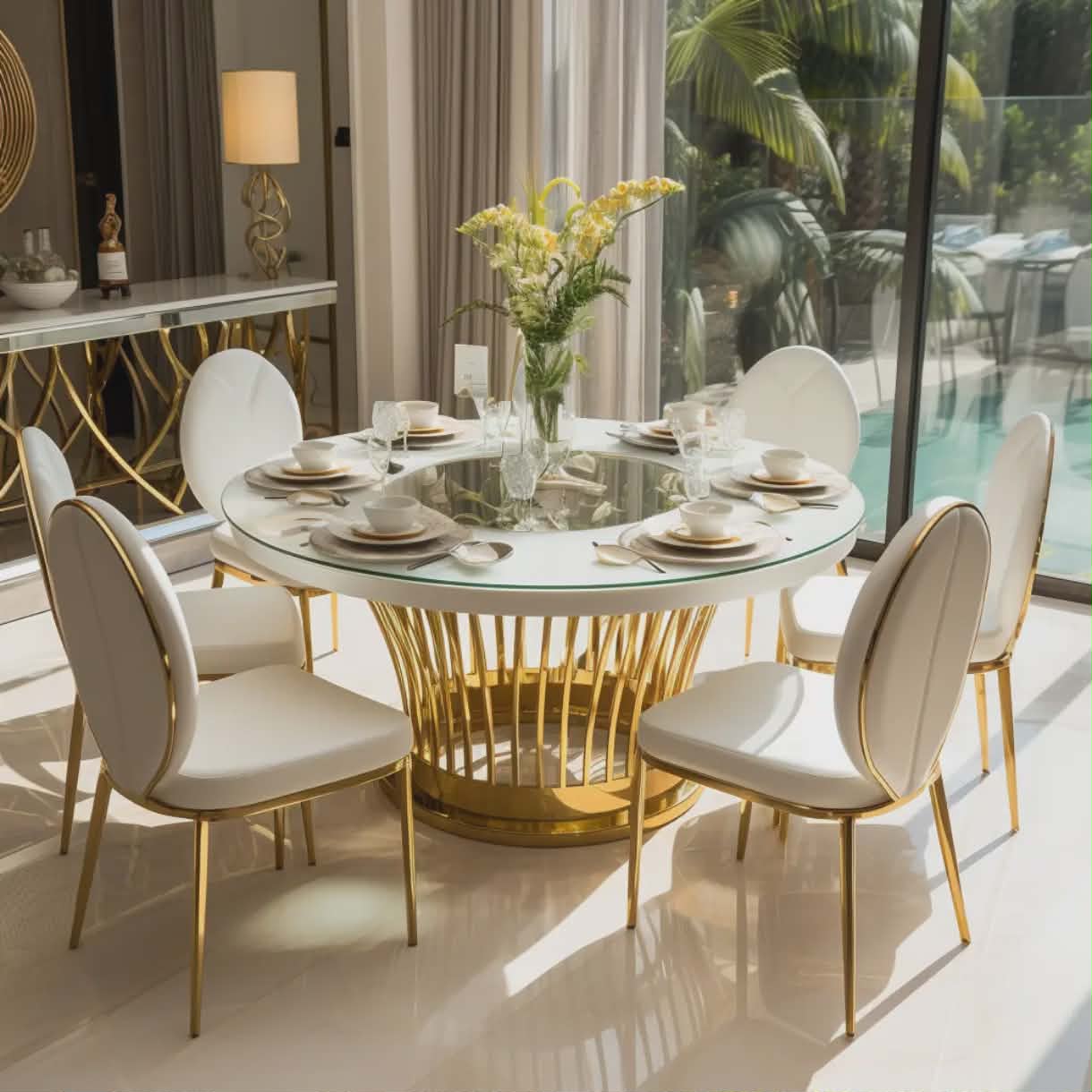 Modern Stainless Steel Round Dining Table – Customizable Rock Slab/Glass Top