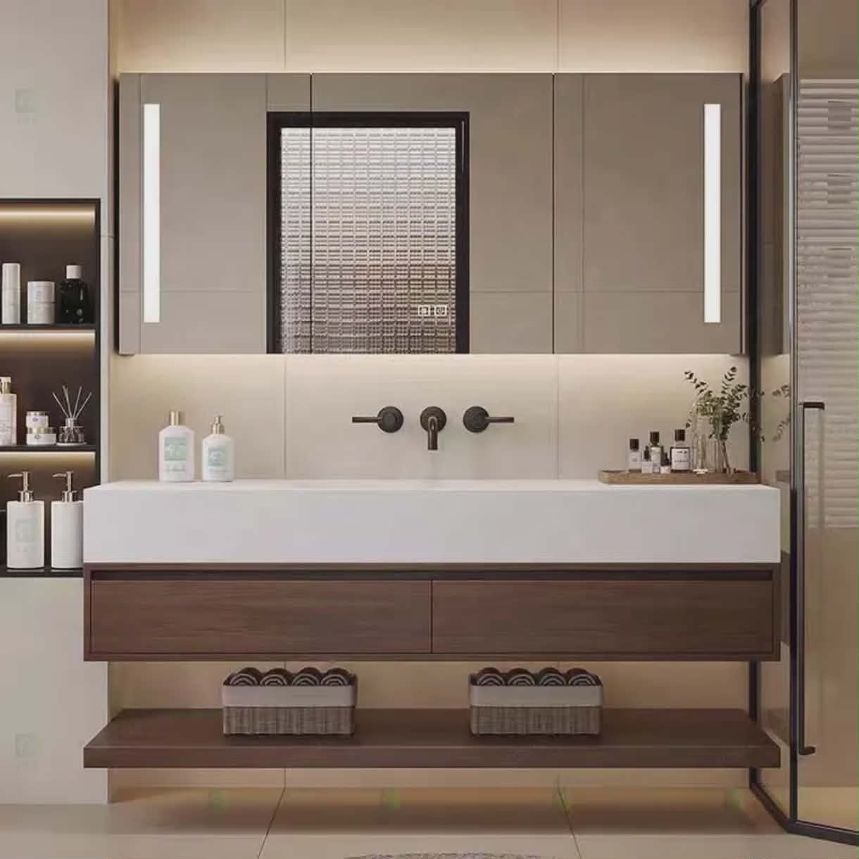 Customizable Modern Bathroom Cabinet with Mirror – Wall-Mounted Vanity Storage-(Customize Size & Materials) Contact us for Price