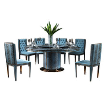 Load image into Gallery viewer, Modern Luxury Rotating Dining Table Set – 6 Seater with Blue Chairs, Natural Marble Top & Stainless Steel Base, High-End Home & Hotel Furniture