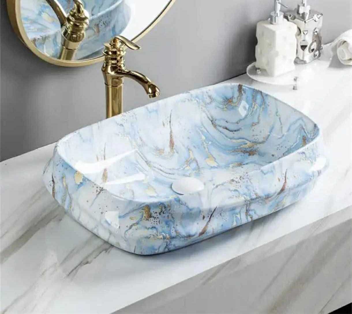 Rectangular Blue Marble Porcelain Bathroom Sink – Luxury Countertop Wash Basin with Gold Accents, Modern Vessel Basin