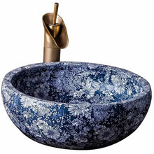 Load image into Gallery viewer, Blue & White Hand-Painted Porcelain Wash Basin – Round Countertop Bathroom Sink