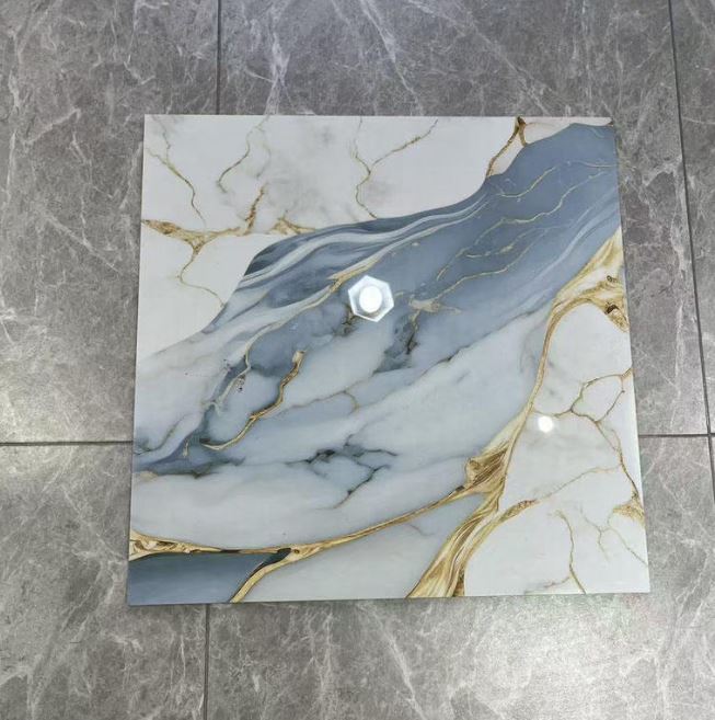 Electroplated White and Blue Marble-Look Porcelain Floor Tiles – Polished Glazed Slab for Modern Interior Décor