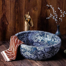 Load image into Gallery viewer, Blue & White Hand-Painted Porcelain Wash Basin – Round Countertop Bathroom Sink