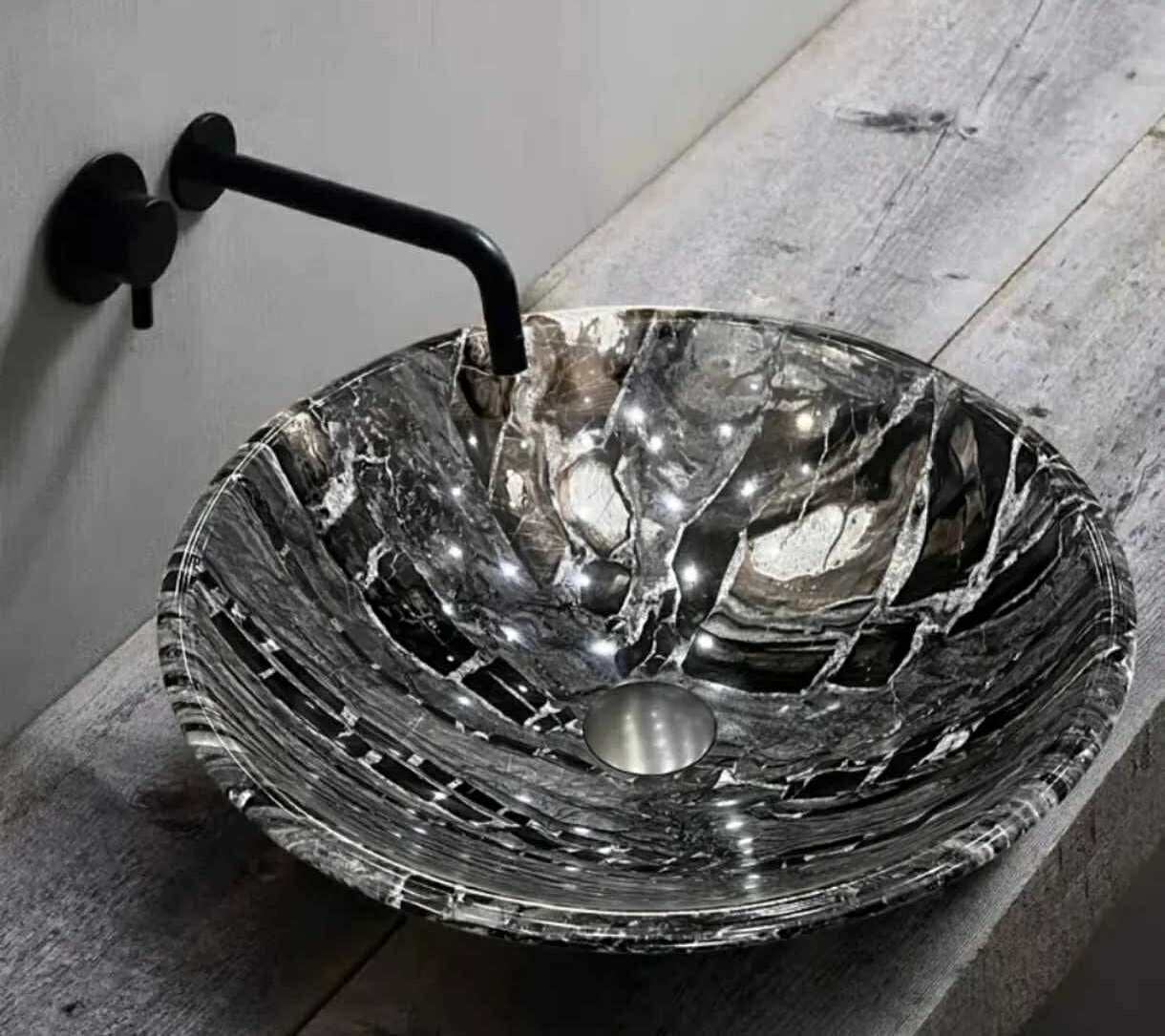 Round Black Marble Bathroom Sink – Luxury Countertop Vessel Wash Basin, Modern Stone Lavabo for Vanity & Washroom