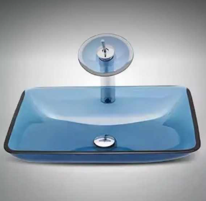 Modern Luxury Blue Glass Bathroom Sink – Rectangular Countertop Vessel Basin with Waterfall Faucet