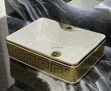 Load image into Gallery viewer, Two White Lining Accent Gold Versace Porcelain Luxury Countertop Basin