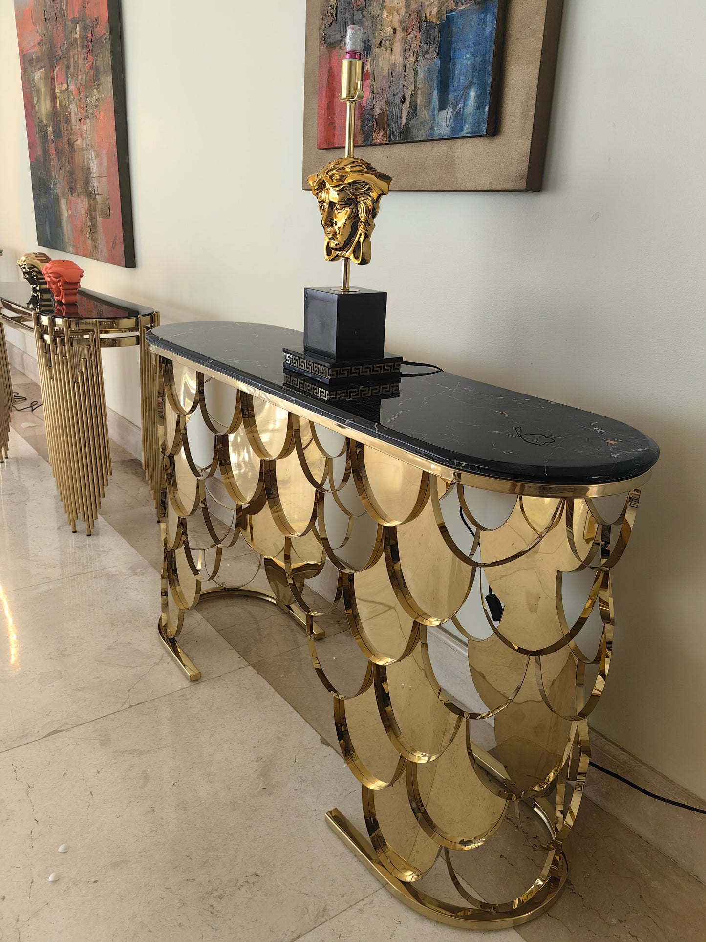 Console Table Crafted with High-Quality Materials Featuring a Lustrous Marble Top and an Intricate Honeycomb Gold Stainless Steel