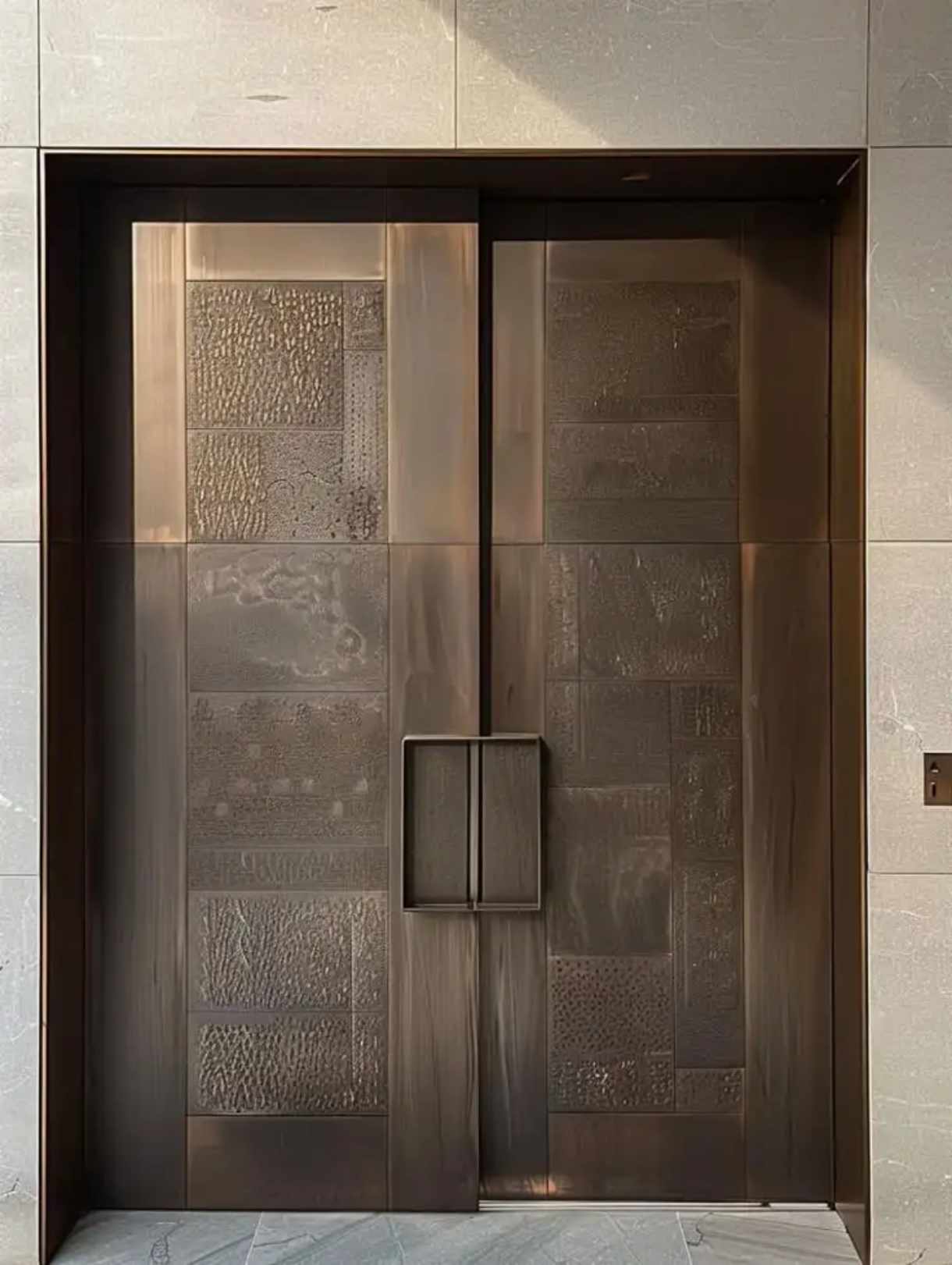 Custom solid metal double entry door with matte bronze finish and textured panel design