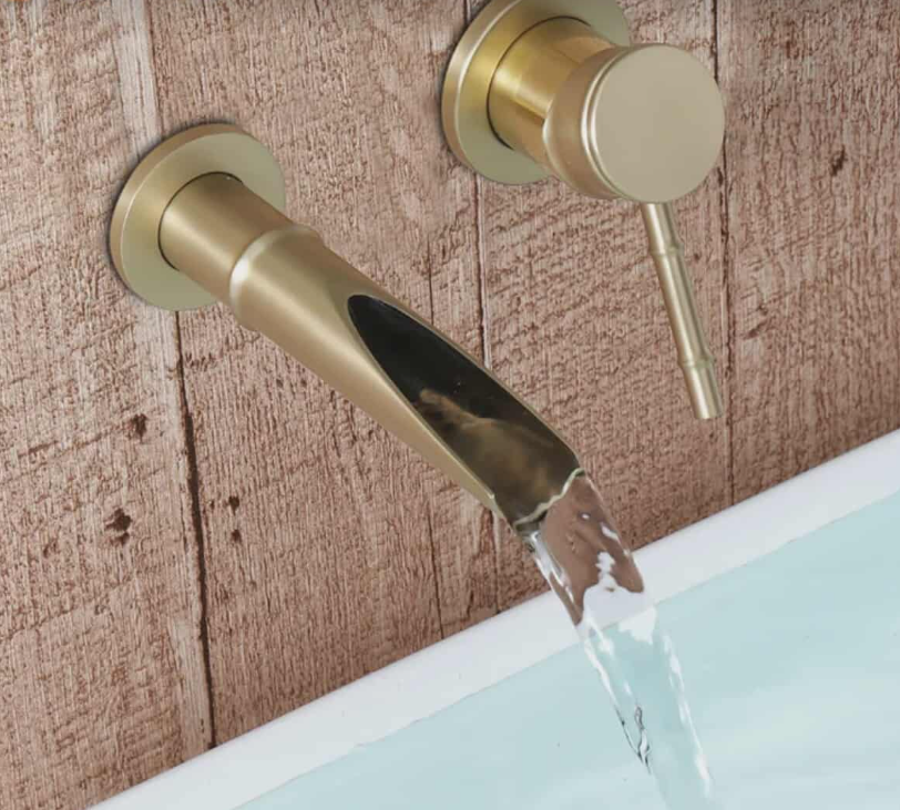 Luxury Wall-Mounted Waterfall Faucet Brushed Gold Basin Mixer Tap