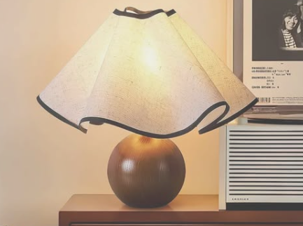 Modern Round Wooden Table Lamp with White & Black Border Fabric Shade