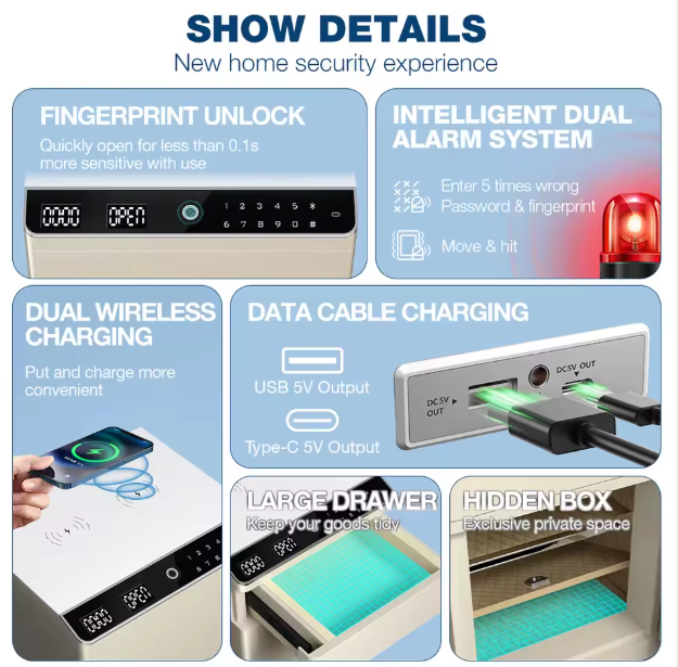ISO Certified Solid Steel Vault Safe Box with Fingerprint Lock & Dual Wireless Charging