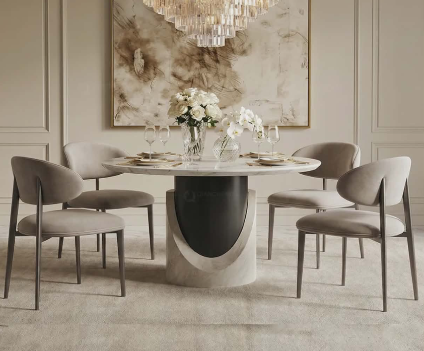 Luxury Round Marble Dining Table with Chairs – Elegant Dining Room Furniture Set 120cm Diameter