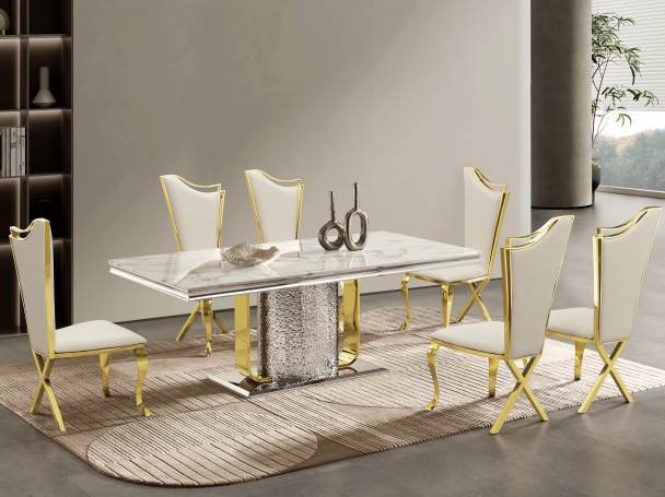 Luxury White Marble & Gold/Silver Dining Table - Modern Rectangular Design