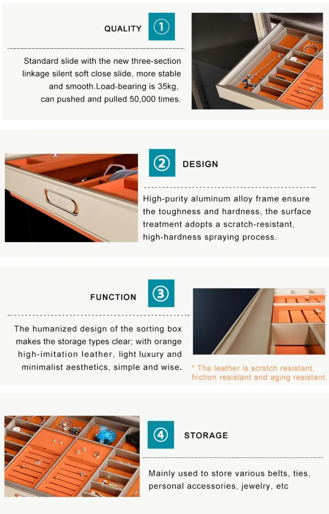 Pullout Jewelry Organizer for Wardrobe Cabinet Pullout Soft Slide Tray PU Leather