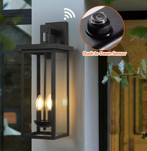 22-Inch Matte Black Dusk Dawn Outdoor Wall Lantern Clear Glass 2-Light Weatherproof Fixture