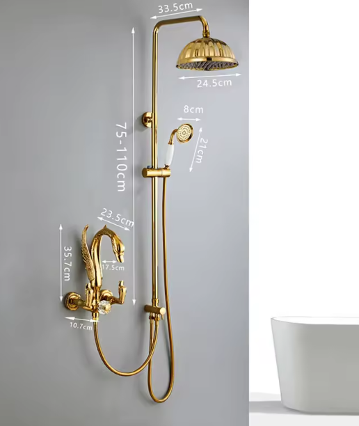 Golden Swan Wall Mounted Faucet Dual Handle Brass Shower System with Polished Rain Shower Head