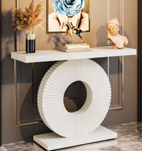 Load image into Gallery viewer, Modern Oak Wood Console Table with Geometric Metal Base
