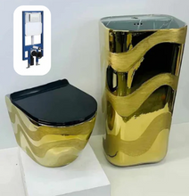 Load image into Gallery viewer, Modern One-Piece Porcelain Wall-Mounted Toilet – Matte Black, White with Gold, Embossed Design, P-Trap – Ideal for Villa Bathrooms
