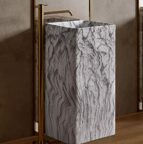 Natural Travertine Stone Pedestal Basin | Square Integrated Cuboid Bathroom Sink