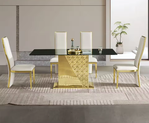 Modern Gold Luxury Dining Table – 201 Stainless Steel & Tempered Glass