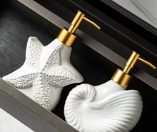 Загрузить изображение в средство просмотра галереи, Ocean-Themed Porcelain Soap Dispenser – Starfish, Shell, and Conch Shape with Elegant Glaze and Durable Pump Head