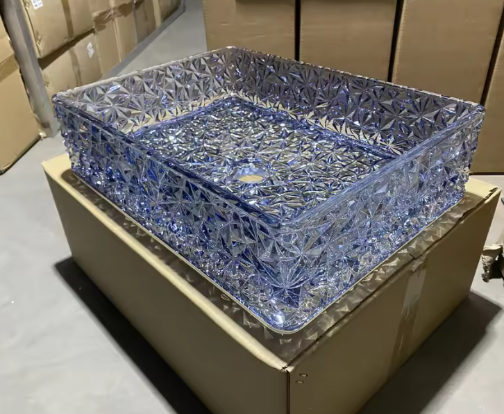 Modern Luxury Crystal Blue Glass Bathroom Sink – Colorful Diamond Vessel Art Tempered Glass Wash Basin