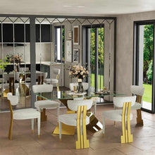 Lade das Bild in den Galerie-Viewer, Modern Dining Set Tempered Glass Table Room Furniture Stainless Steel Frame With Velvet Dining Chair for Home Villa Hotel Restaurant Use