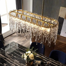 Cargar imagen en el visor de la galería, Modern Ceiling Home Rectangle Luxury Brass Crystal Chandelier Pendant Lamp for Kitchen Island Chandelier Decoration
