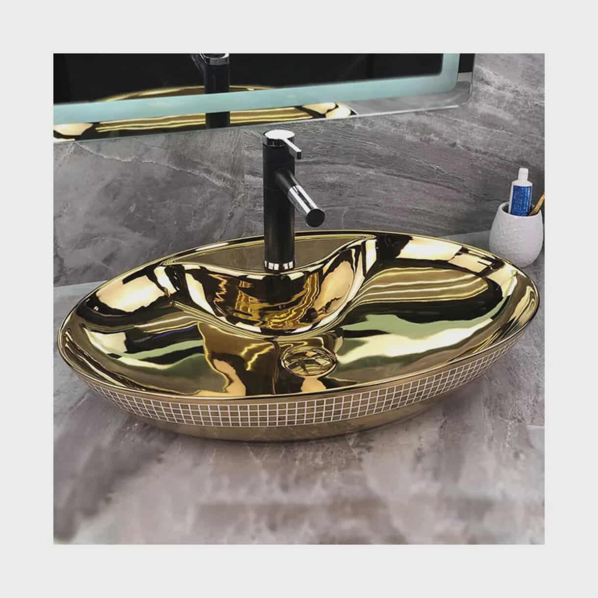 Luxury Gold Ceramic Countertop Bathroom Sink – Modern Oval Art Wash Basin