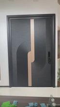 Load and play video in Gallery viewer, Modern Luxury Customize Main Door with Fingerprint Lock | High-Quality Metal Construction | Matte Black & Gold Finish | Textured Grooved Panel Design | Digital Smart Lock System | Contemporary Aesthetic