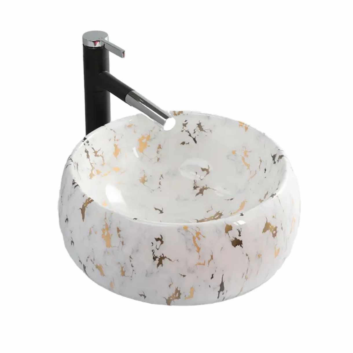 Porcelain Round Countertop Wash Basin Single Bowl Porcelain Sink with Subtle Gold Accents