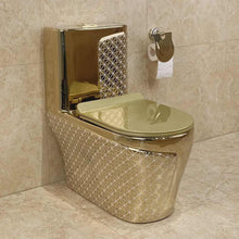 Загрузить изображение в средство просмотра галереи, Luxury Electroplated Gold Ceramic Wall Hung Basin & One-Piece Floor Mounted Toilet Set – Modern Dual Flush P-Trap Bathroom WC Combo