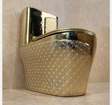 Загрузить изображение в средство просмотра галереи, Luxury Electroplated Gold Ceramic Wall Hung Basin & One-Piece Floor Mounted Toilet Set – Modern Dual Flush P-Trap Bathroom WC Combo