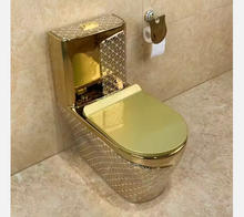 Загрузить изображение в средство просмотра галереи, Luxury Electroplated Gold Ceramic Wall Hung Basin & One-Piece Floor Mounted Toilet Set – Modern Dual Flush P-Trap Bathroom WC Combo