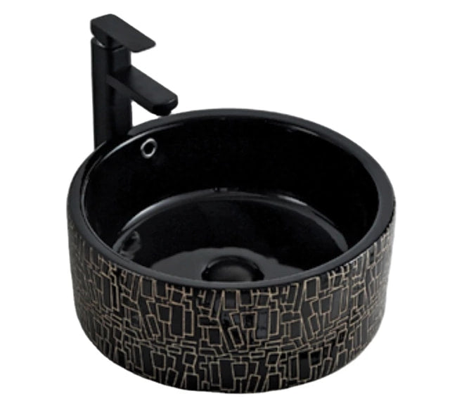 Round Black Art Basin with Geometric Patterned Exterior A Bold Bathroom Porcelain