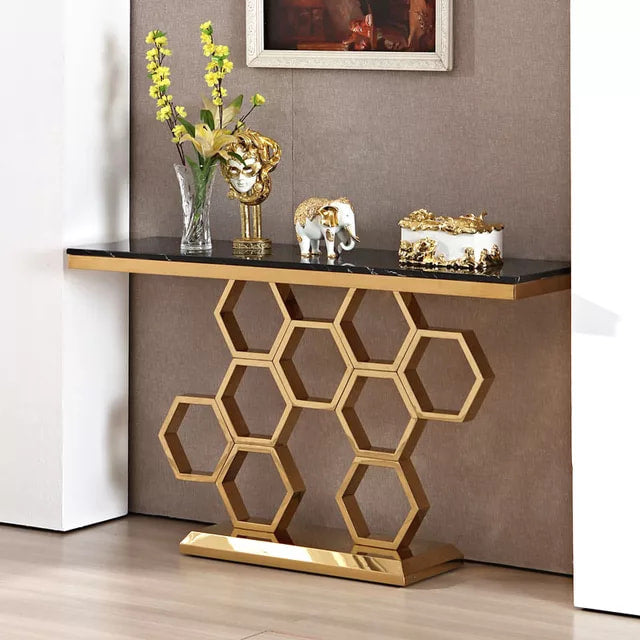 Console Table Black and Gold Honeycomb Slate Marble Top