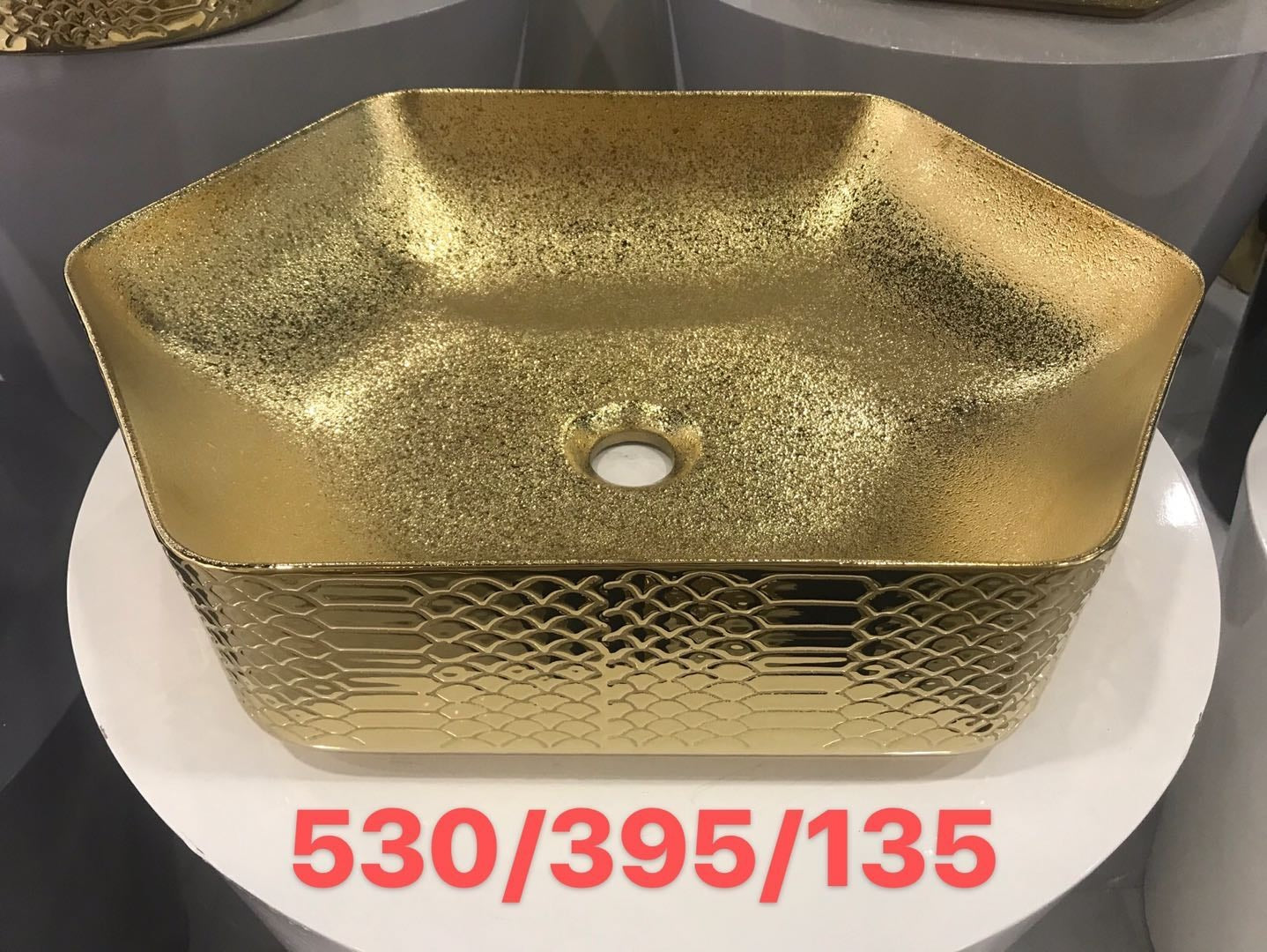 Hex Porcelain Basin Textured Gold Base a Sculptural Basin