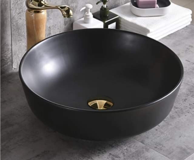 Matte Black Round Basin with Gold Accent Drain Porcelain Bathroom Accessories Wash Basin