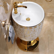 Load image into Gallery viewer, Maebow Golden Bloom Pedestal Basin Porcelain with Intricate Gold Detailing Artistic