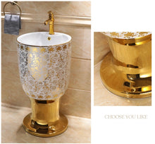Load image into Gallery viewer, Maebow Golden Bloom Pedestal Basin Porcelain with Intricate Gold Detailing Artistic