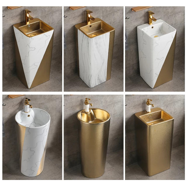 Radiant Gold Finish a Statement Sink with Sculptural Elegance Pedestal Wash Basin
