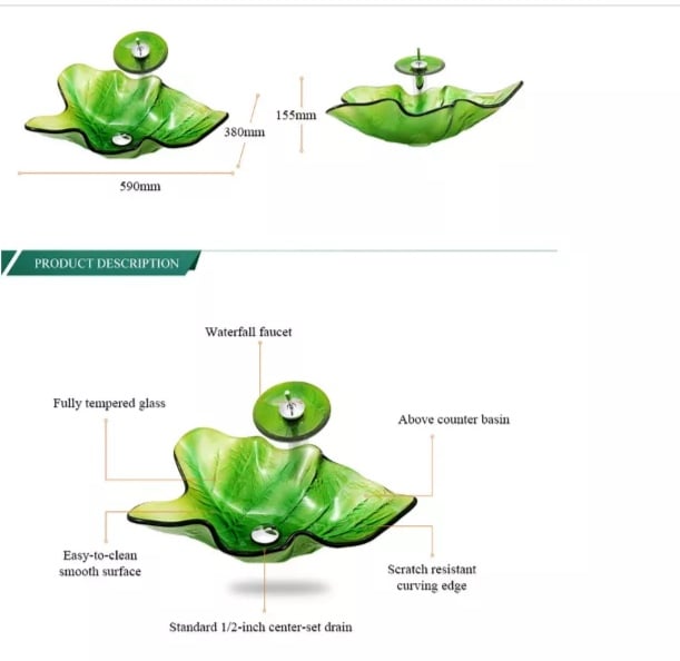 Green Unique Design Vanity Top Glass Face Wash Water Basin Toilet Sink with Tap Glass Basin Vanity Tempered