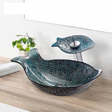 Load image into Gallery viewer, Glass Table Top Sink for Bathroom Vessel Blue Fish Shape with Faucet and Pop Up Drainer Included Basins Sink