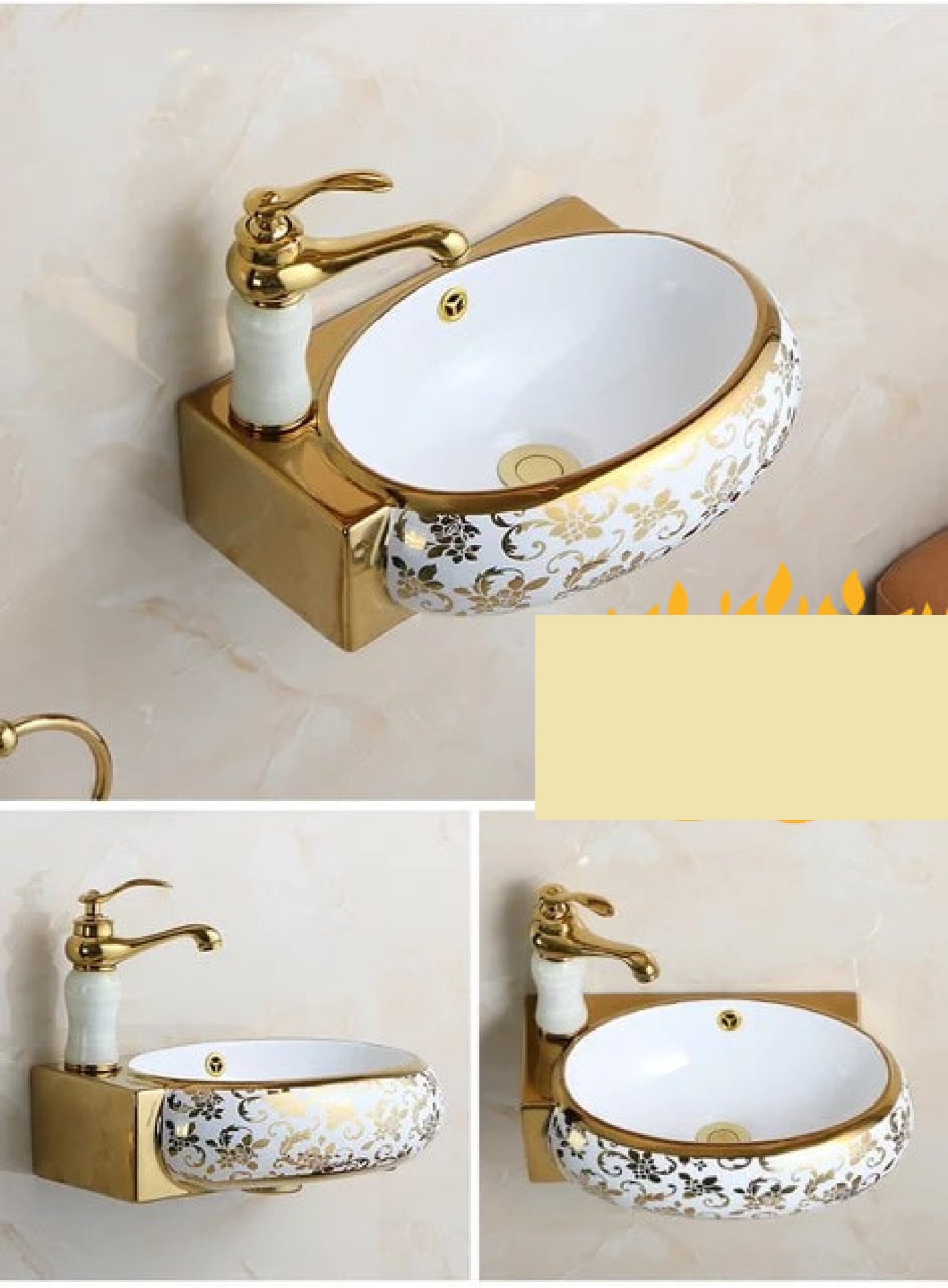 Luxury wall Hanging Basin Floral Small Side Sink White and Gold